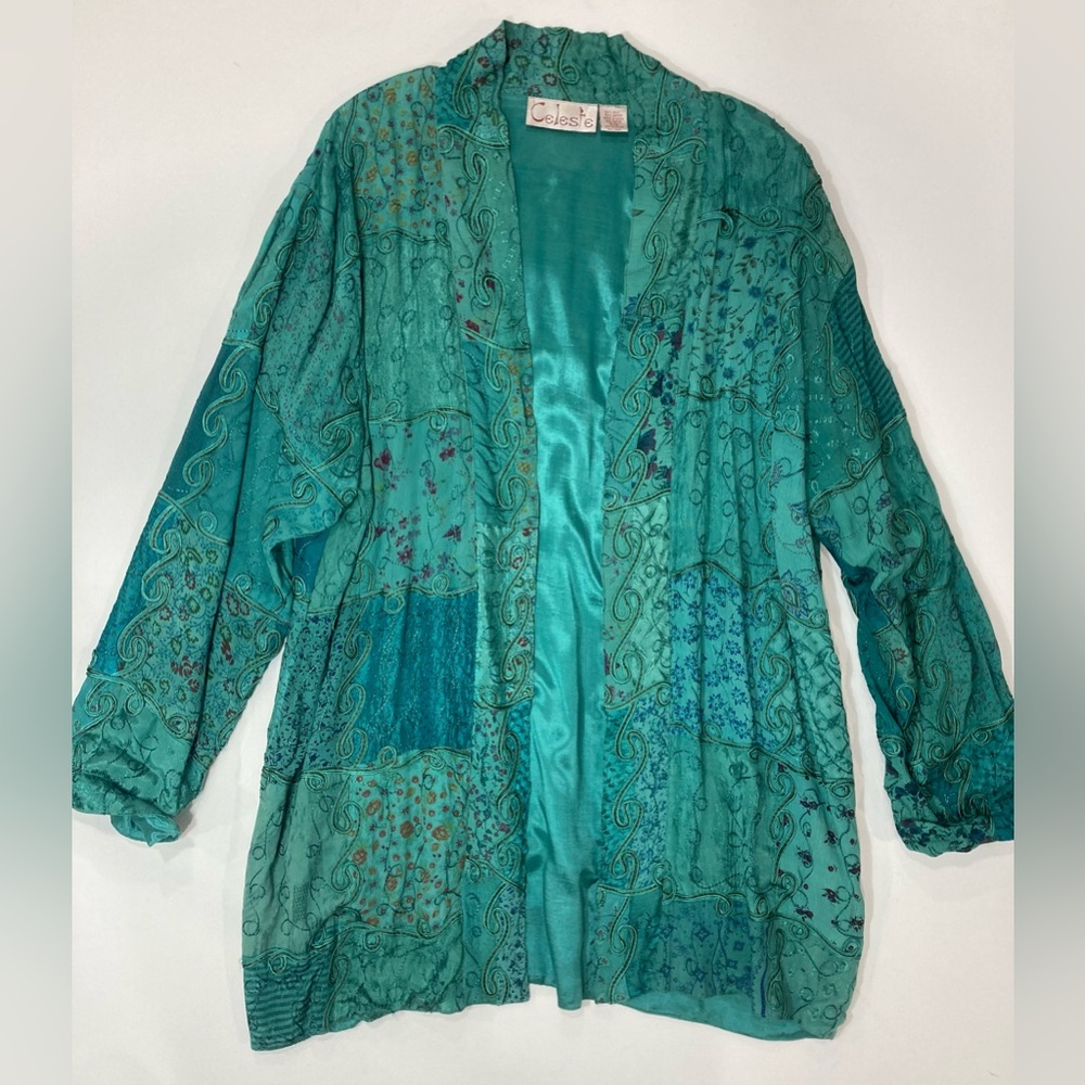 Celeste Vintage 90s Patchwork Oversized Teal Open… - image 3